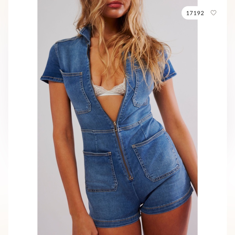 Free People Denim Short Jumpsuit in Medium Blue